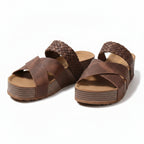 Brown leather comfort sandals with woven crossover straps and chunky platform sole