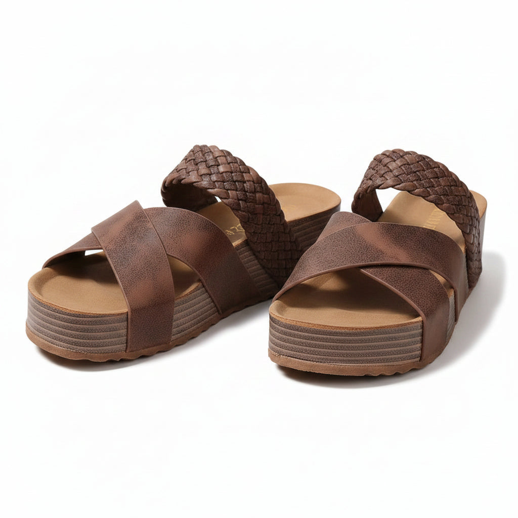 Brown leather comfort sandals with woven crossover straps and chunky platform sole