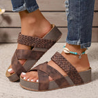 Brown woven-strap leather comfort sandals with open toe and stacked wedge sole