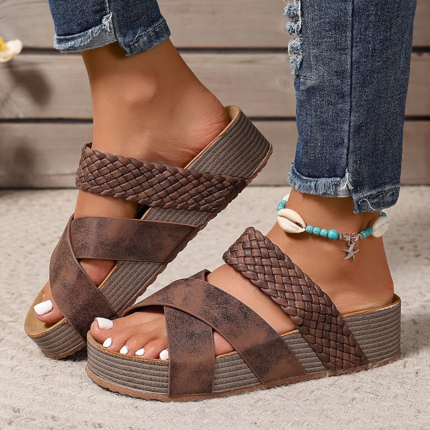 Brown woven-strap leather comfort sandals with open toe and stacked wedge sole