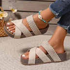 Light beige leather comfort sandals with woven side strap and platform wedge sole