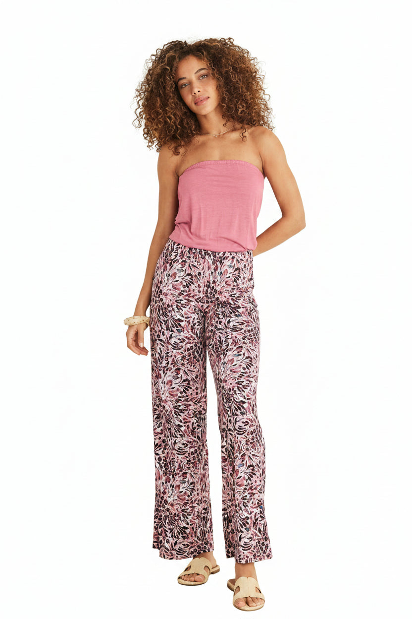 Strapless pink jumpsuit with abstract floral wide-leg pants