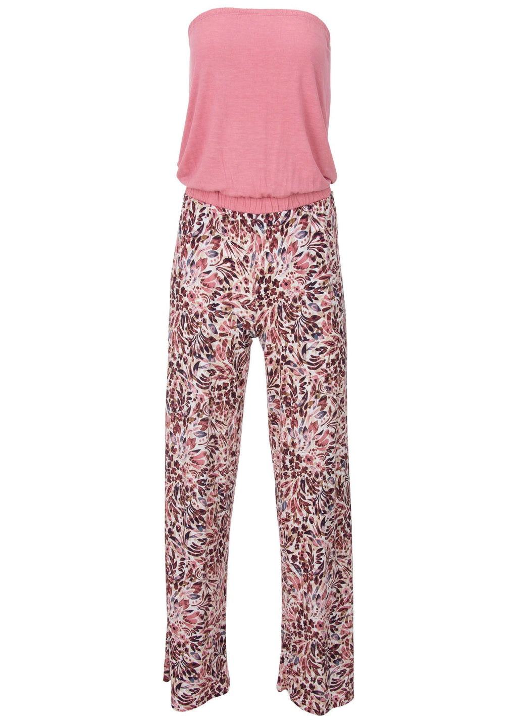 Pink strapless-back jumpsuit with abstract floral wide-leg trousers