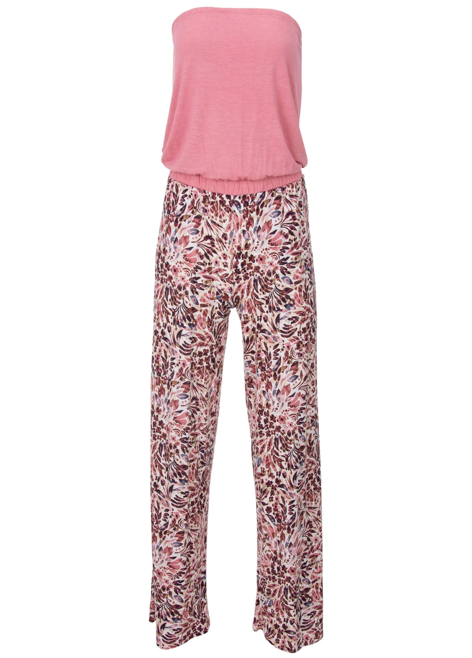 Pink strapless-back jumpsuit with abstract floral wide-leg trousers