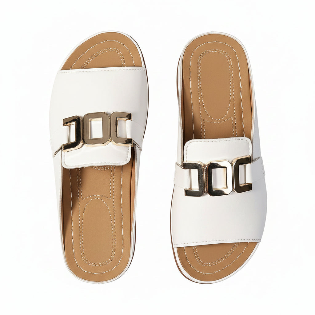 Women’s white wedge comfort sandals with metallic square buckle straps and open toe.