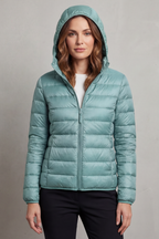 Lightweight hooded puffer jacket in teal, full-zip front and quilted baffles