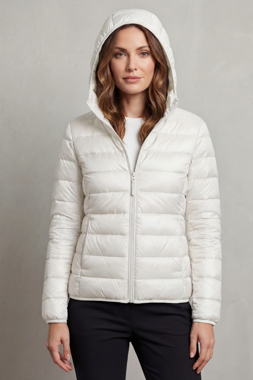 Lightweight hooded puffer jacket in white, full-zip front and quilted baffles