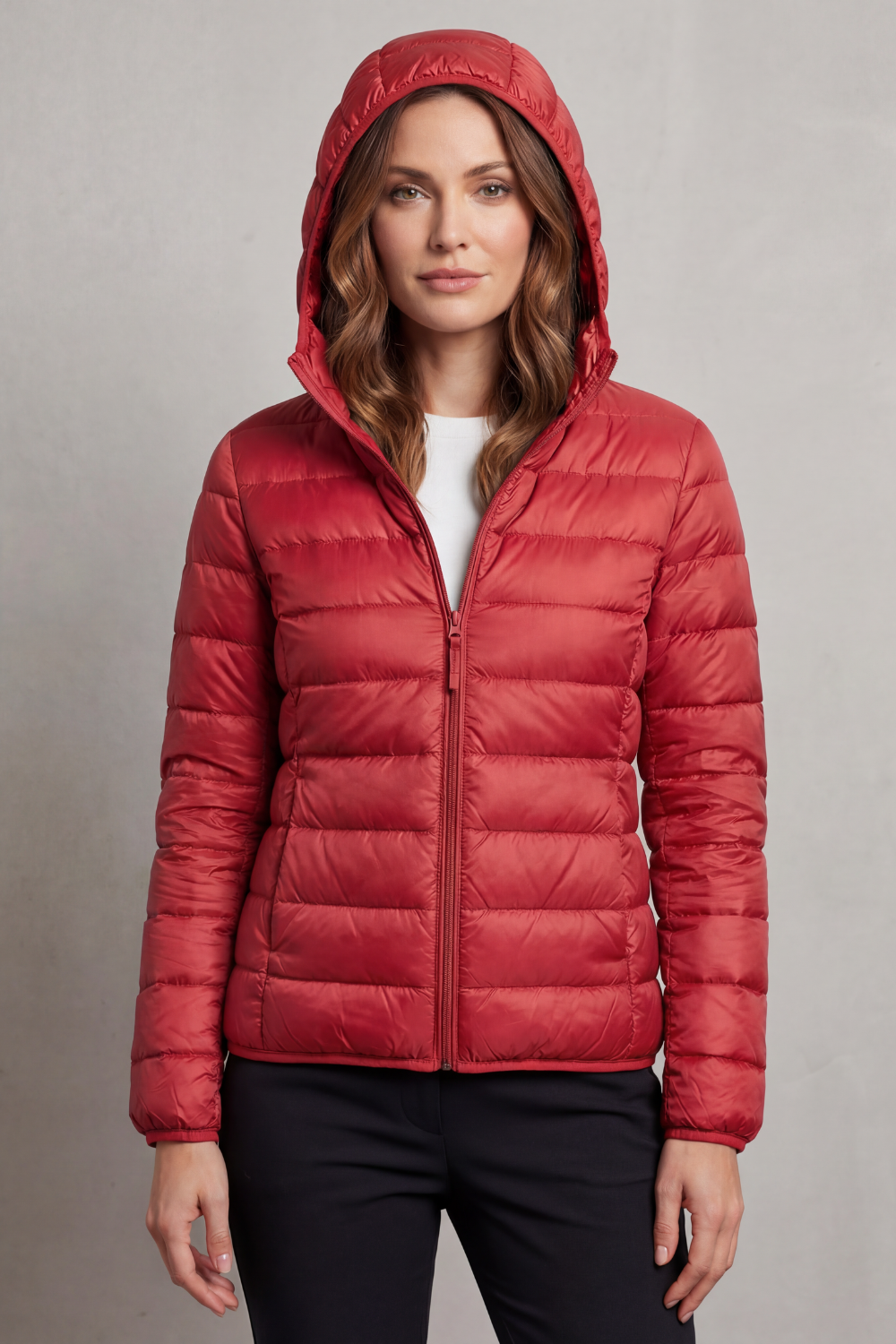 Lightweight hooded puffer jacket in wine red, full-zip front and quilted baffles