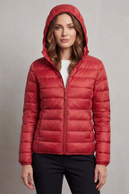 Lightweight hooded puffer jacket in wine red, full-zip front and quilted baffles