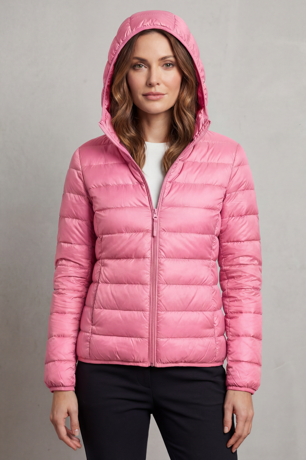 Lightweight hooded puffer jacket in pink, full-zip front and quilted baffles