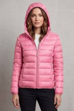 Lightweight hooded puffer jacket in pink, full-zip front and quilted baffles