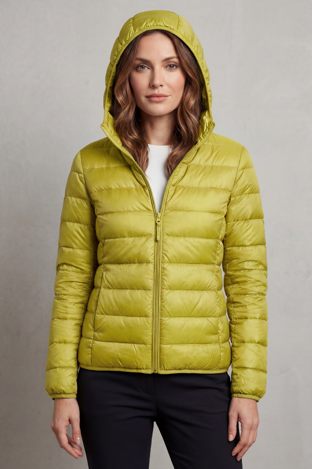 Lightweight hooded puffer jacket in lime green, full-zip front and quilted baffles
