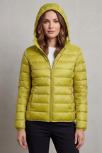 Lightweight hooded puffer jacket in lime green, full-zip front and quilted baffles