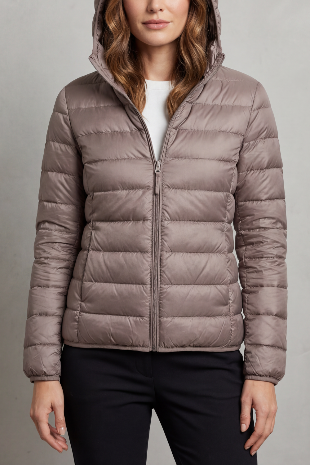 Lightweight hooded puffer jacket in taupe, full-zip front and quilted baffles
