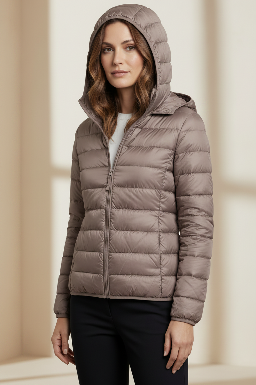 Women’s hooded puffer jacket in champagne, full-zip front and quilted insulation.