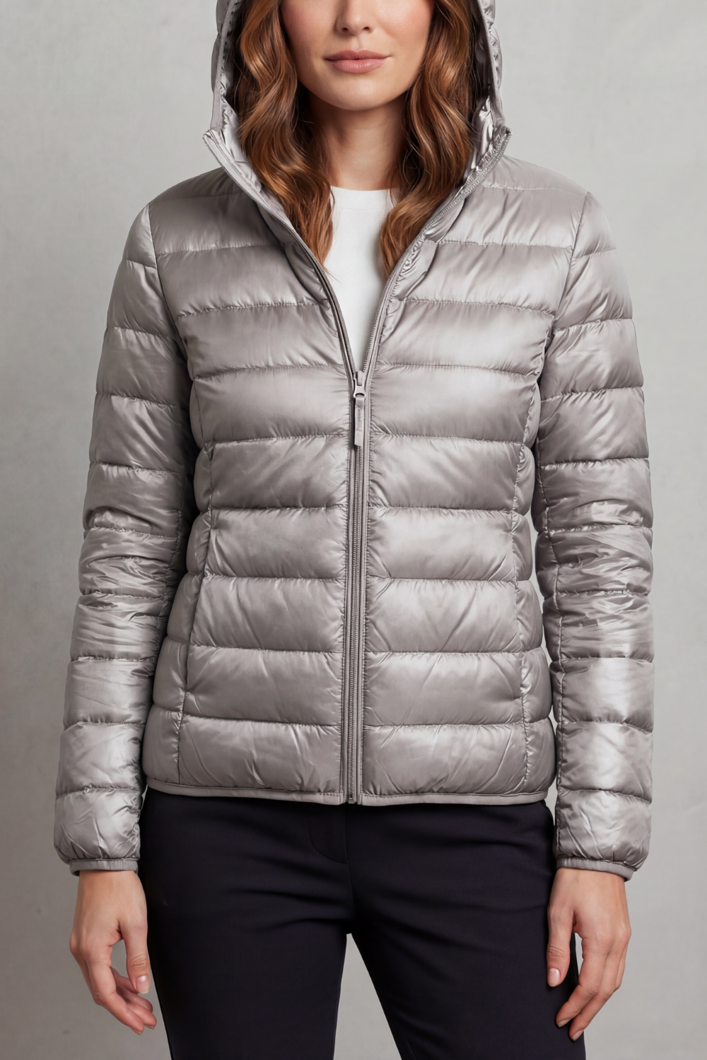 Lightweight hooded puffer jacket in light gray, full-zip front and quilted baffles