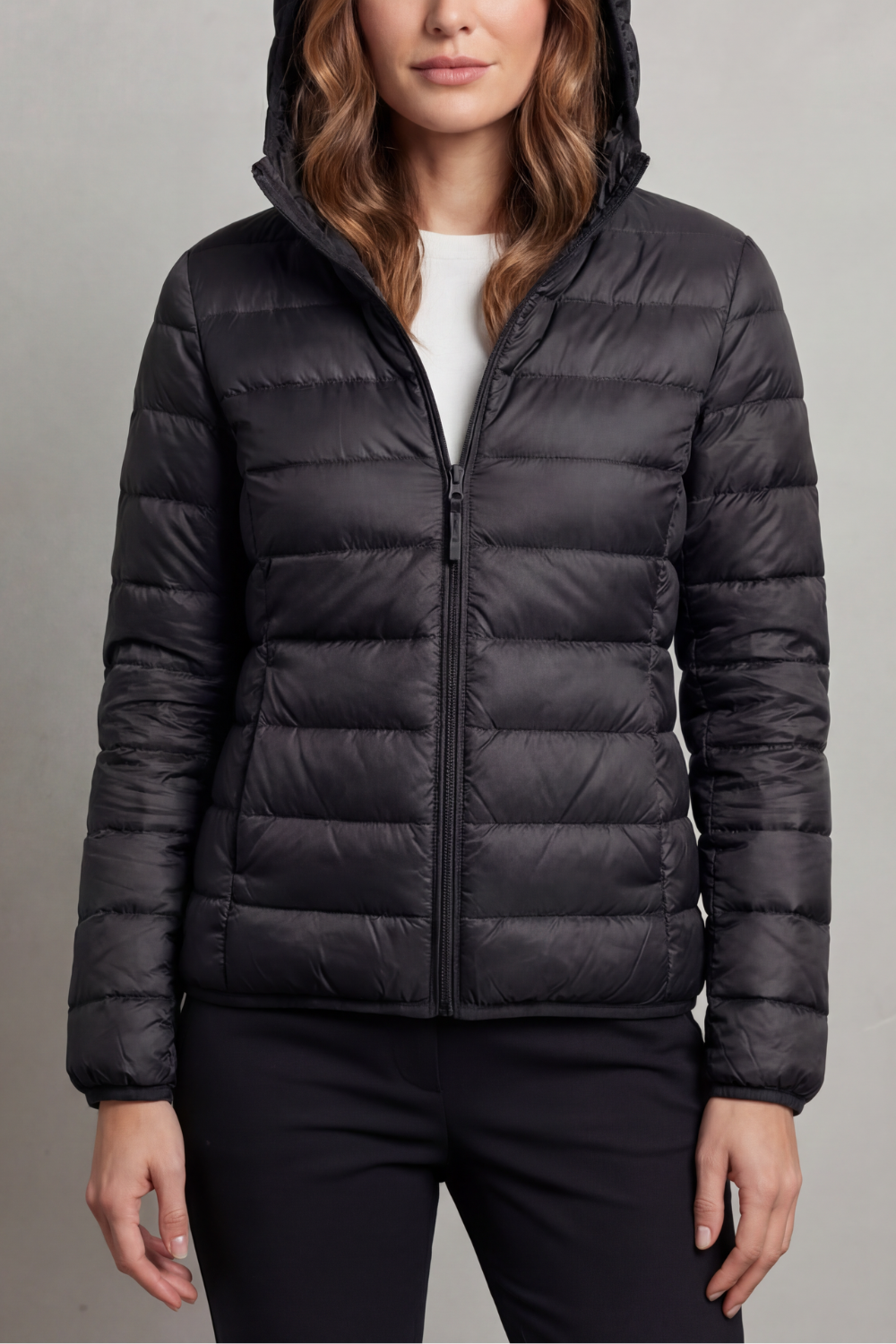 Lightweight hooded puffer jacket in dark gray, full-zip front and quilted baffles