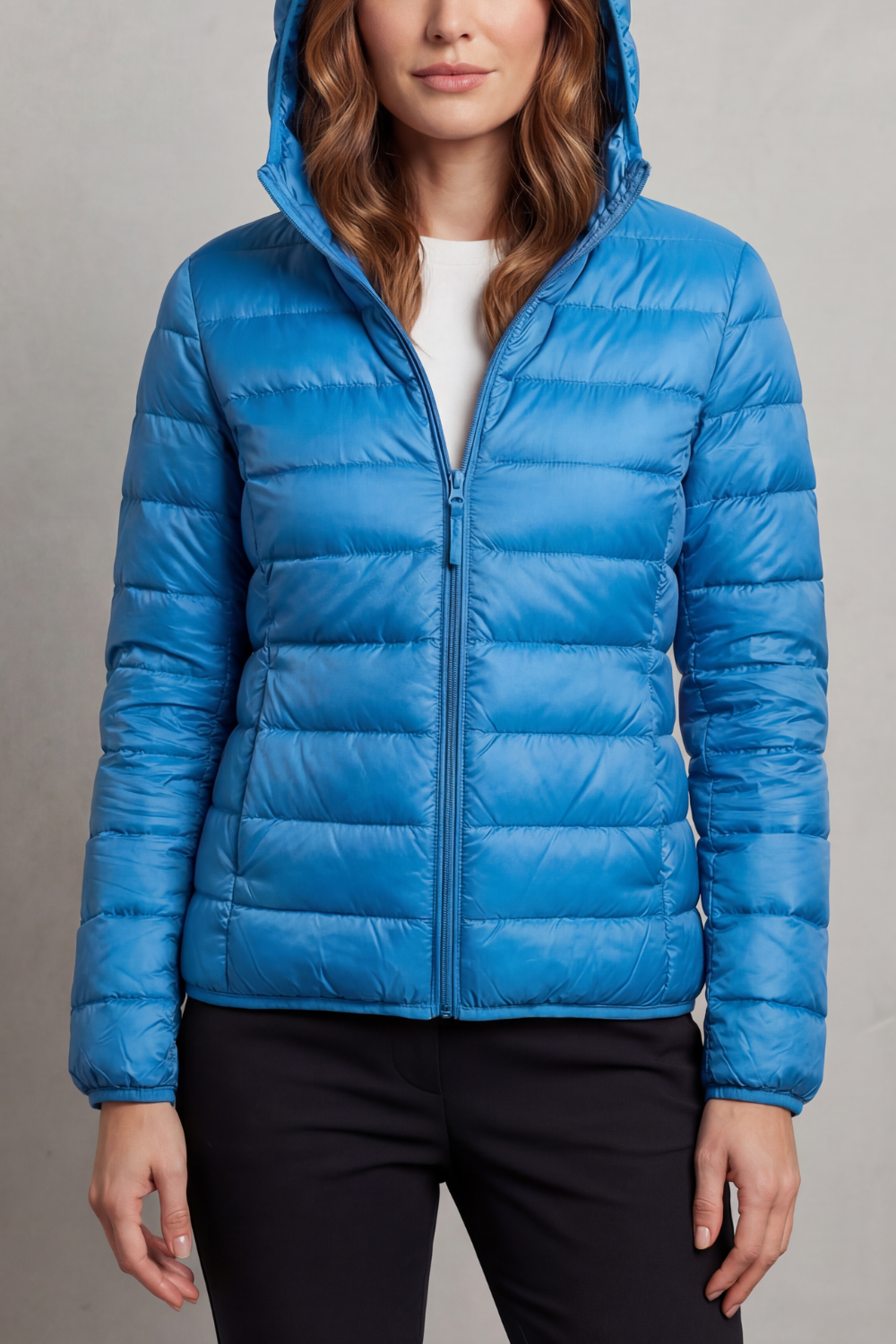 Women’s hooded puffer jacket in bright blue, full-zip with elastic cuffs