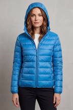 Lightweight hooded puffer jacket in bright blue, full-zip front and quilted baffles