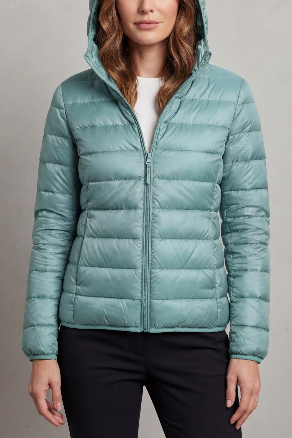 Women’s hooded puffer jacket in teal, full-zip with elastic cuffs