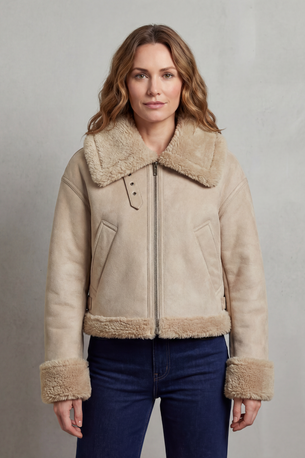 Beige cropped aviator jacket with tan fleece collar, cuffs, and hem; front zip closure.