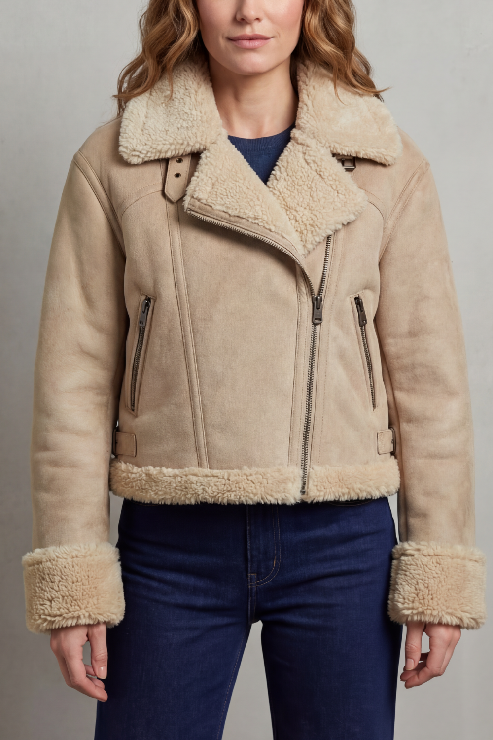 Beige cropped aviator jacket with tan fleece collar, hem, and cuffs; front zip and pockets.