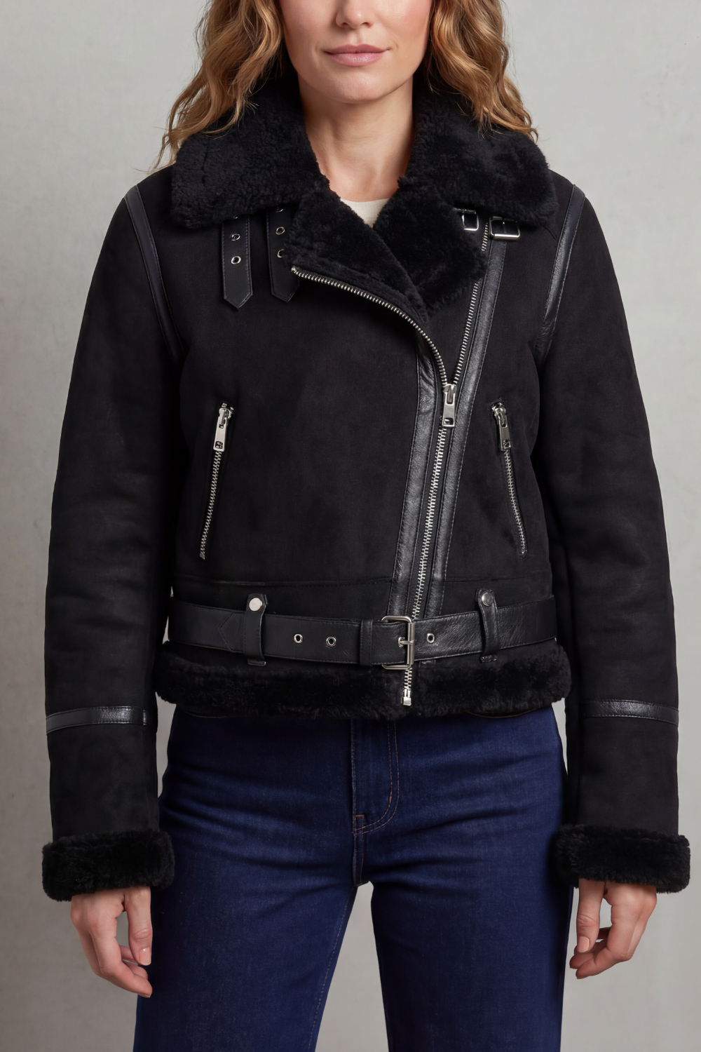 Black cropped aviator jacket with dark fleece collar and hem; angled zip pockets and belt strap.