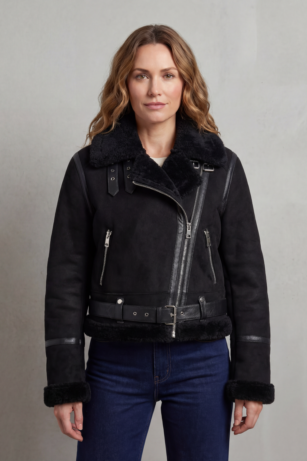 Black cropped aviator jacket with dark fleece collar, hem, and cuffs; front zip and buckles.
