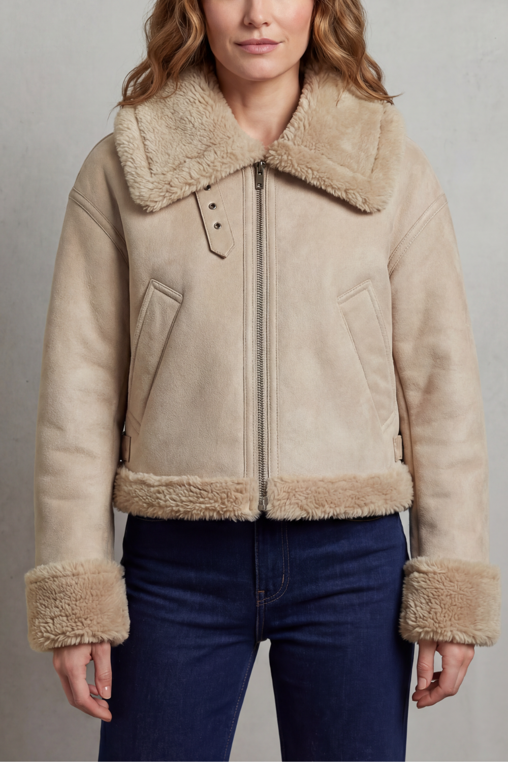 Beige cropped aviator jacket with tan fleece collar, hem, and cuffs; front zip closure.