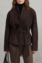 Dark brown cropped double-breasted wool jacket with tie belt and buttoned lapel