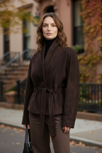 Dark brown cropped double-breasted wool jacket with tie belt, long sleeves, front button
