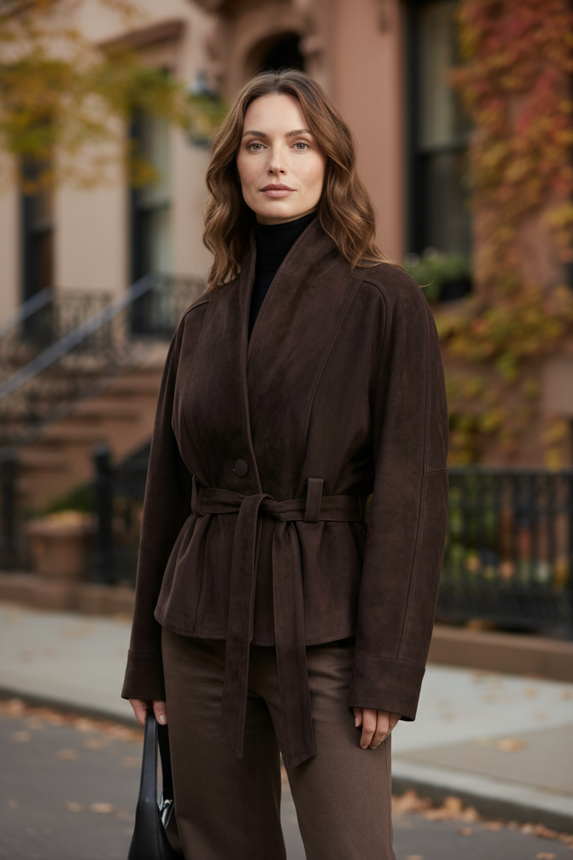Dark brown cropped double-breasted wool jacket with tie belt, long sleeves, front button