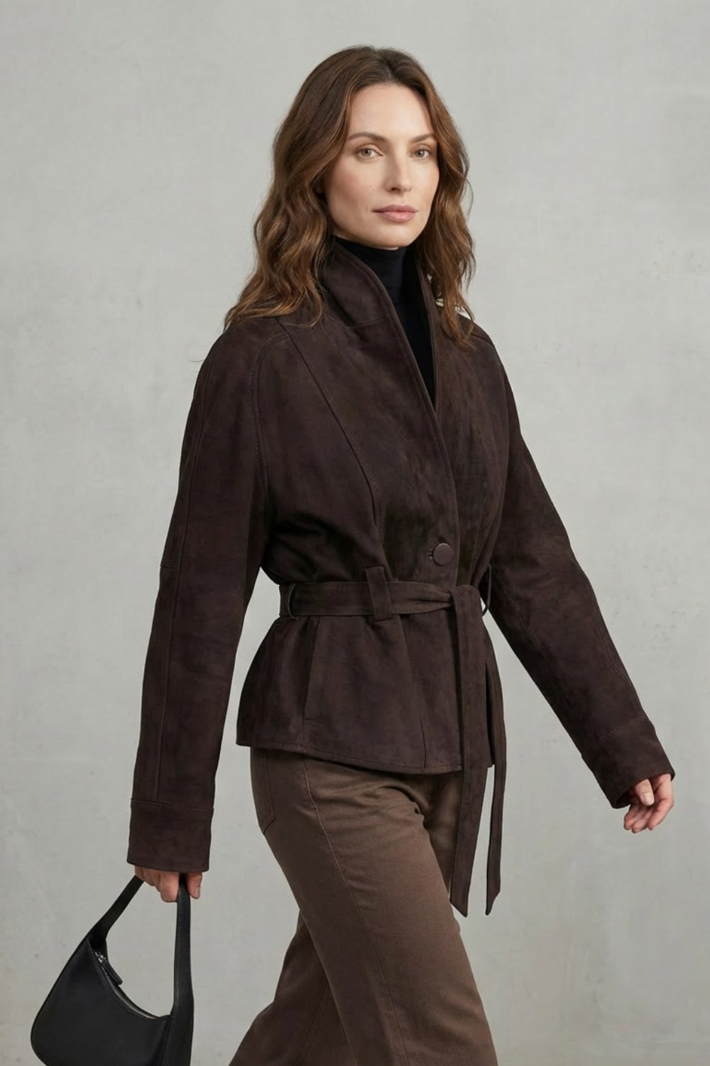 Dark brown cropped double-breasted wool jacket with tie belt, stand collar, long sleeves