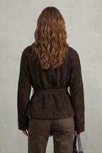 Dark brown cropped double-breasted wool jacket with tie belt at waist, long sleeves, back