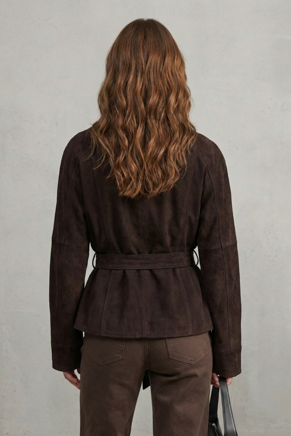 Dark brown cropped double-breasted wool jacket with tie belt at waist, long sleeves, back