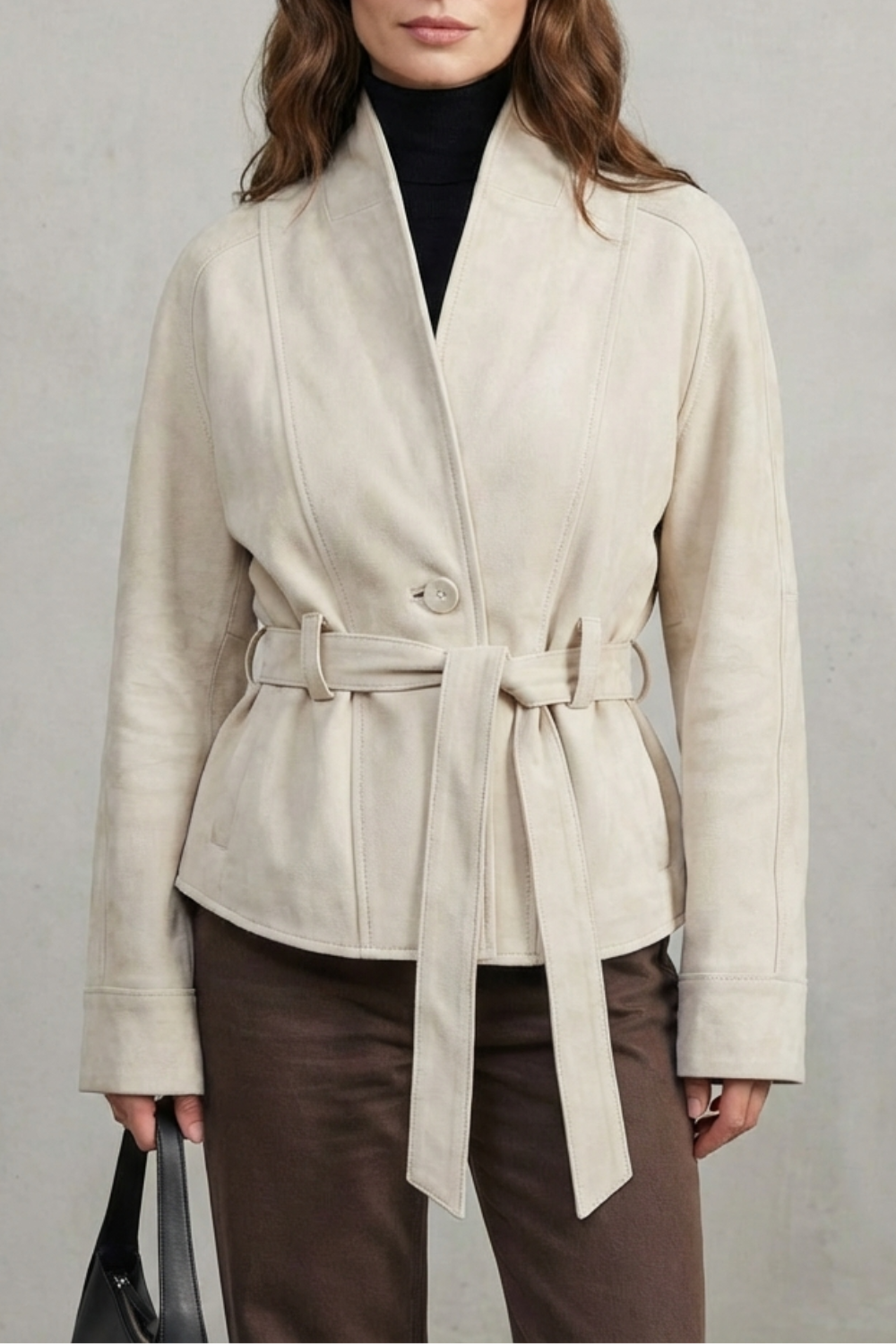 Beige cropped double-breasted wool jacket with tie belt and buttoned lapel