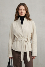 Beige cropped double-breasted wool jacket with tie belt, front button, long sleeves