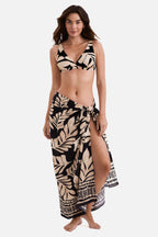 Leaf-print swim pareo skirt with side slit and tie waist, black and beige
