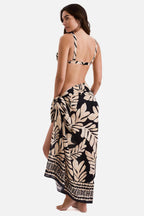 Back-view leaf-pattern pareo wrap with tie waist, black and beige border