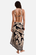 Back-view leaf-print pareo skirt with tie straps, black and beige, tassel hem