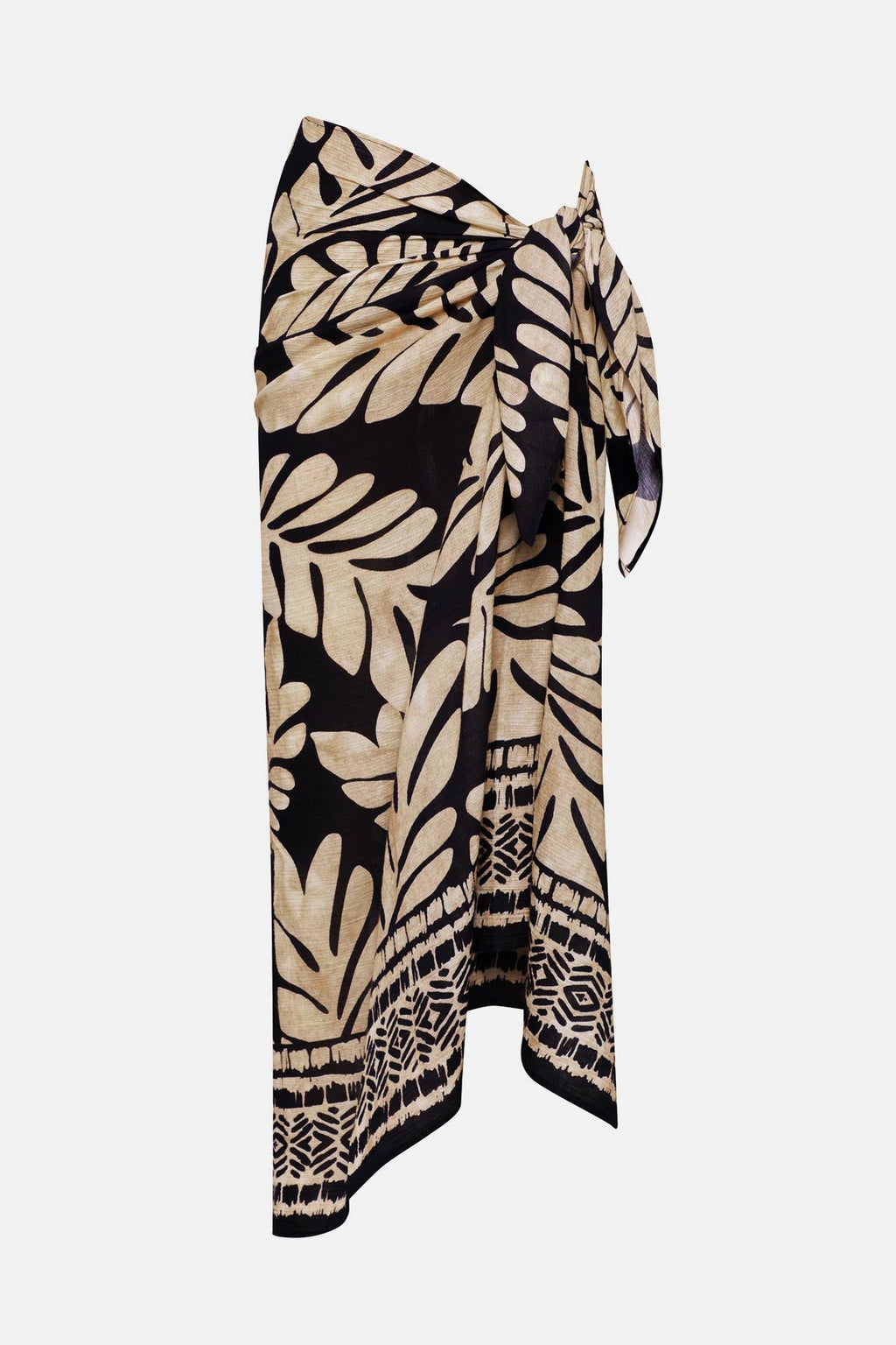 Leaf-pattern pareo wrap skirt, black with beige prints, tie front and patterned border
