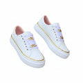 White women's orthopedic sneakers with gold trim, lace eyelets, and gold link ankle strap
