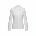 White hollow-out lace button-up blouse with pointed collar and long sleeves