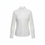 White hollow-out lace button-up blouse with pointed collar and long sleeves