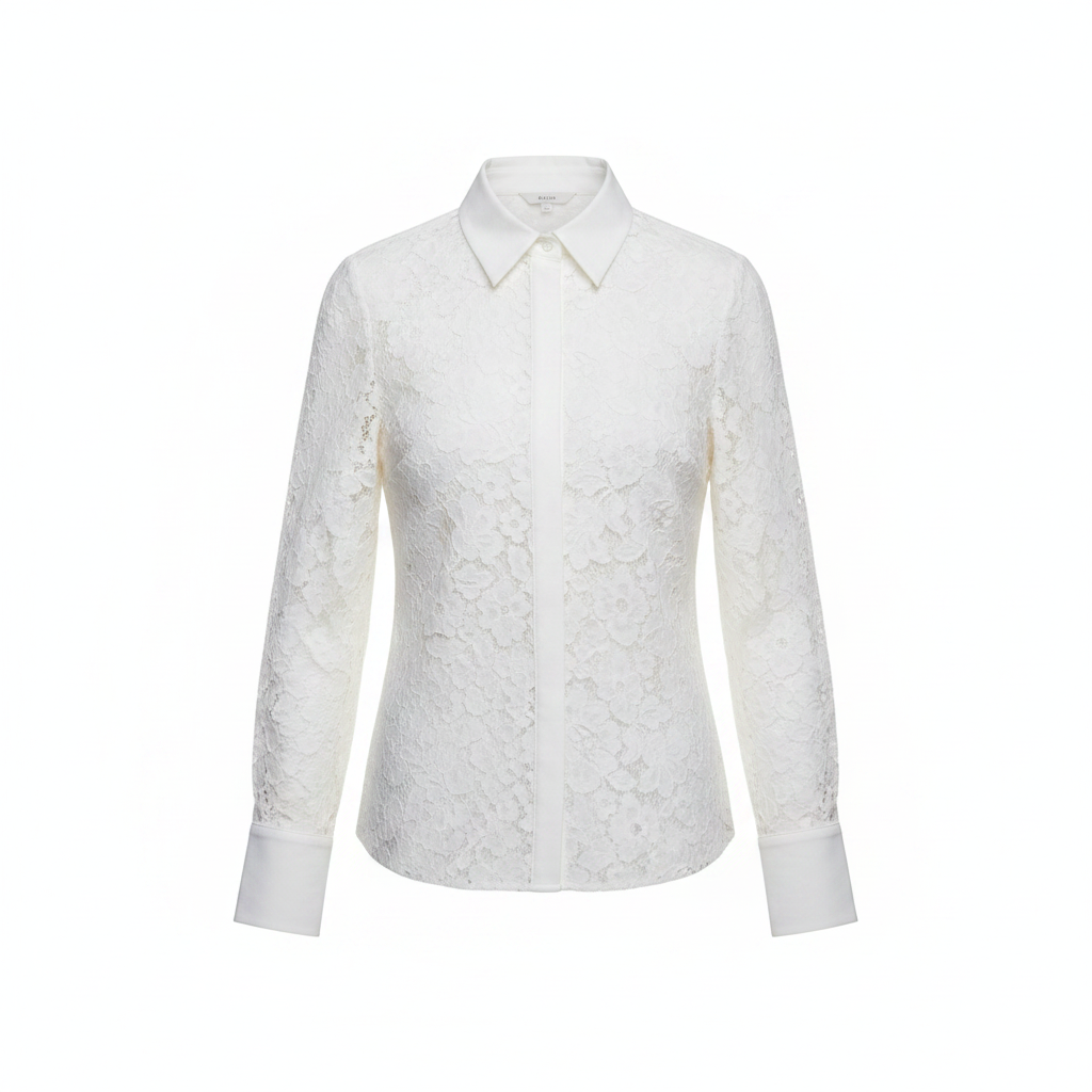 White hollow-out lace button-up blouse with pointed collar and long sleeves