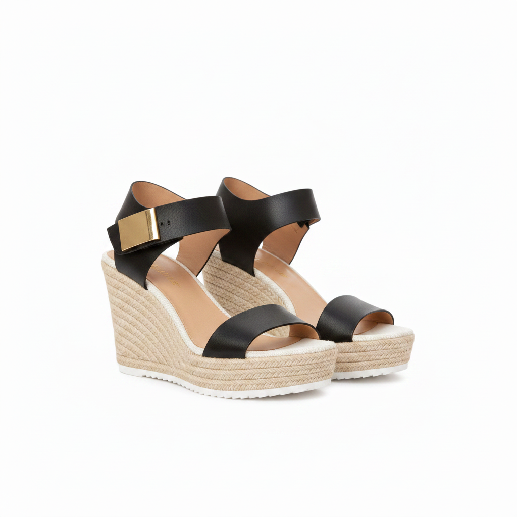 Black platform wedge sandals with chain ankle strap and gold buckle detail