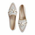Women’s ribbon comfort sandals in white with tan trim, lace-up bow detail.