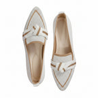 Women’s ribbon comfort sandals in white with tan trim, lace-up bow detail.
