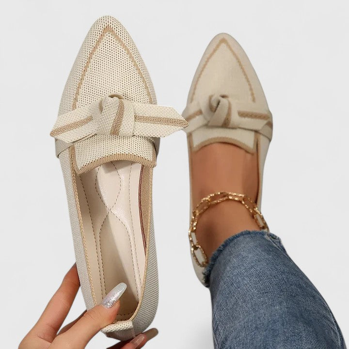 Women’s ribbon comfort sandals in beige/cream with tan trim, lace-up ribbon bow.
