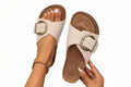 Adjustable comfort sandals in beige with wide strap and round metal buckle